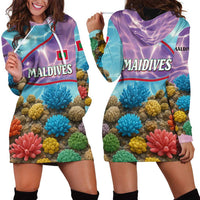 Maldives Coral Reef Ocean Print Hoodie Dress with Underwater Pastel Blue and Purple Design