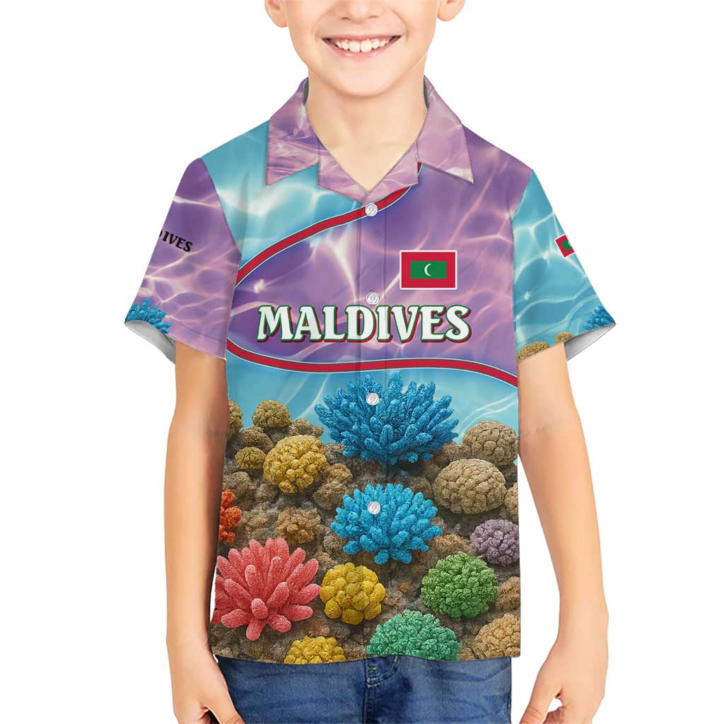 Maldives Coral Reef Ocean Print Kid Hawaiian Shirt with Underwater Pastel Blue and Purple Design