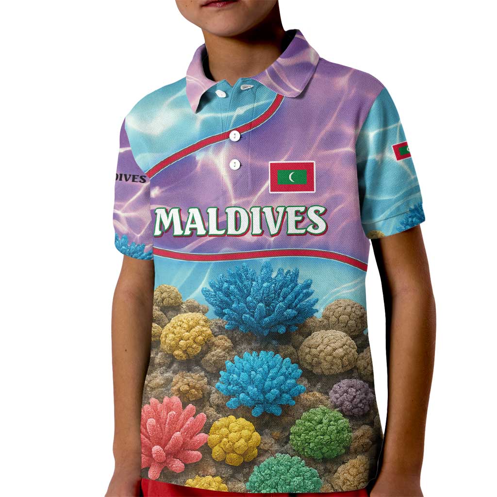 Maldives Coral Reef Ocean Print Kid Polo Shirt with Underwater Pastel Blue and Purple Design