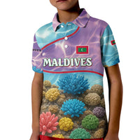 Maldives Coral Reef Ocean Print Kid Polo Shirt with Underwater Pastel Blue and Purple Design
