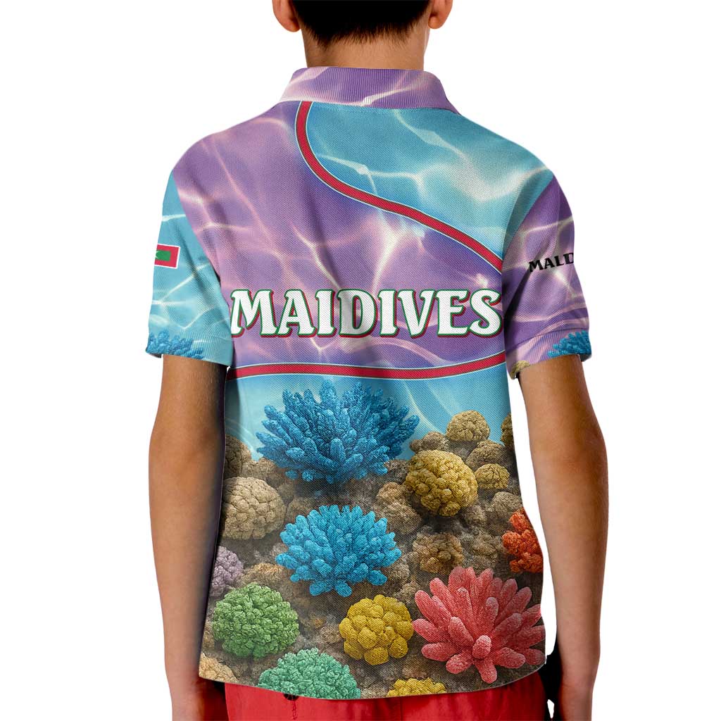 Maldives Coral Reef Ocean Print Kid Polo Shirt with Underwater Pastel Blue and Purple Design