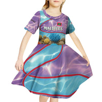 Maldives Coral Reef Ocean Print Kid Short Sleeve Dress with Underwater Pastel Blue and Purple Design