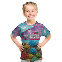 Maldives Coral Reef Ocean Print Kid T Shirt with Underwater Pastel Blue and Purple Design