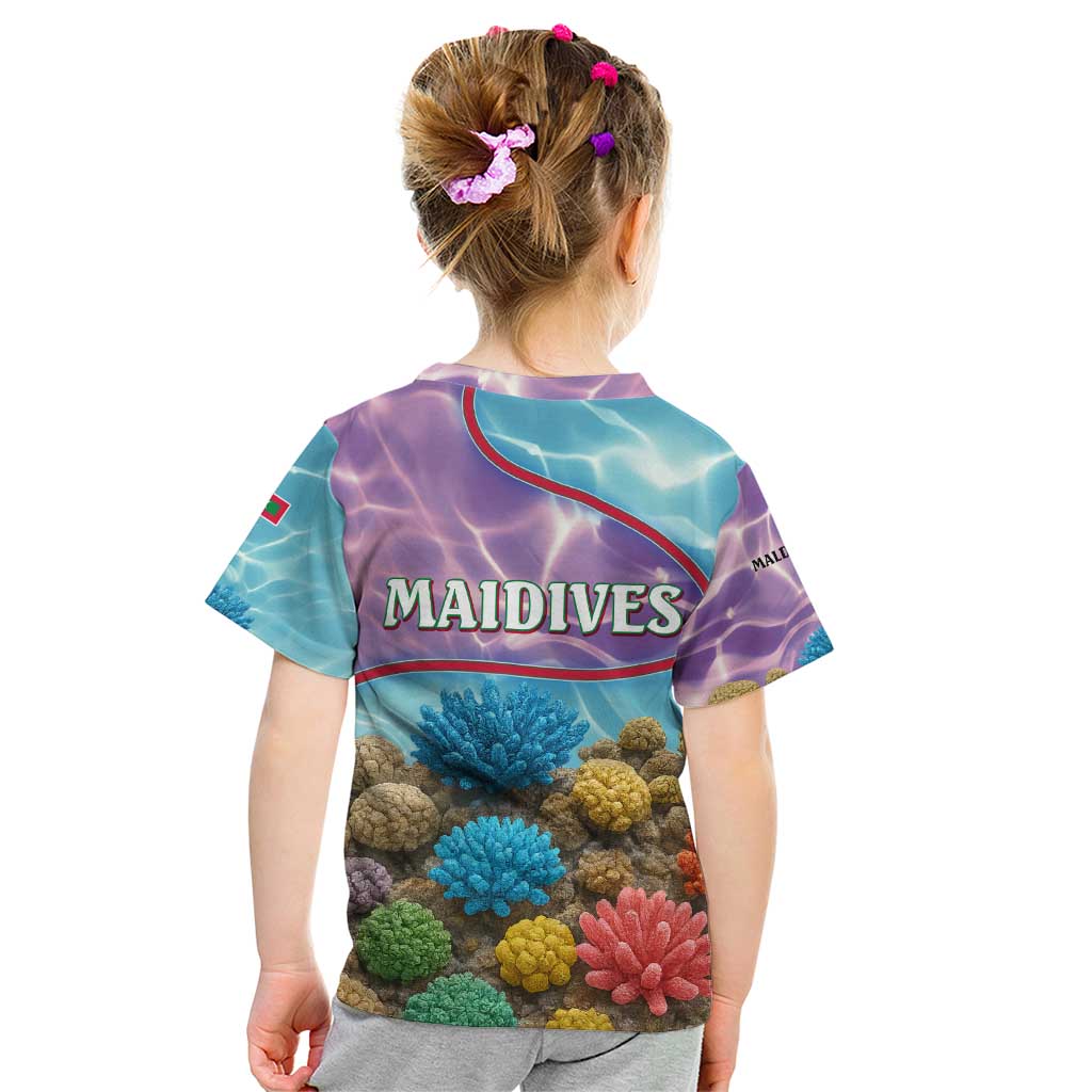Maldives Coral Reef Ocean Print Kid T Shirt with Underwater Pastel Blue and Purple Design