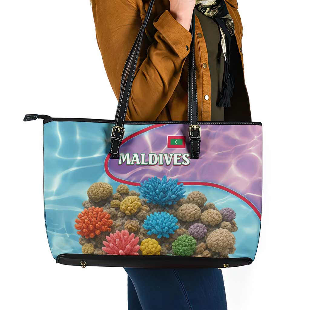 Maldives Coral Reef Ocean Print Leather Tote Bag with Underwater Pastel Blue and Purple Design