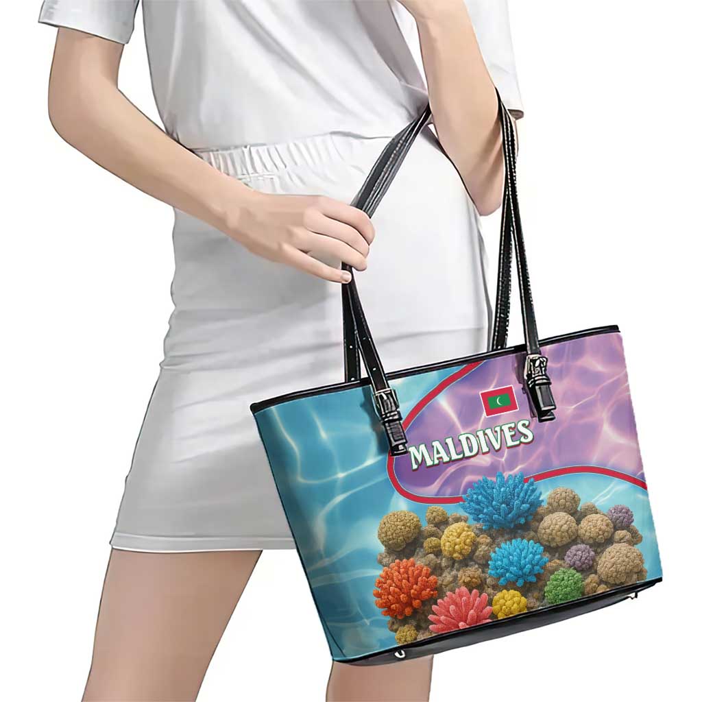 Maldives Coral Reef Ocean Print Leather Tote Bag with Underwater Pastel Blue and Purple Design