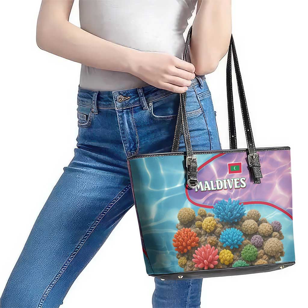 Maldives Coral Reef Ocean Print Leather Tote Bag with Underwater Pastel Blue and Purple Design
