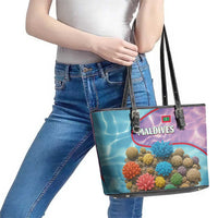 Maldives Coral Reef Ocean Print Leather Tote Bag with Underwater Pastel Blue and Purple Design