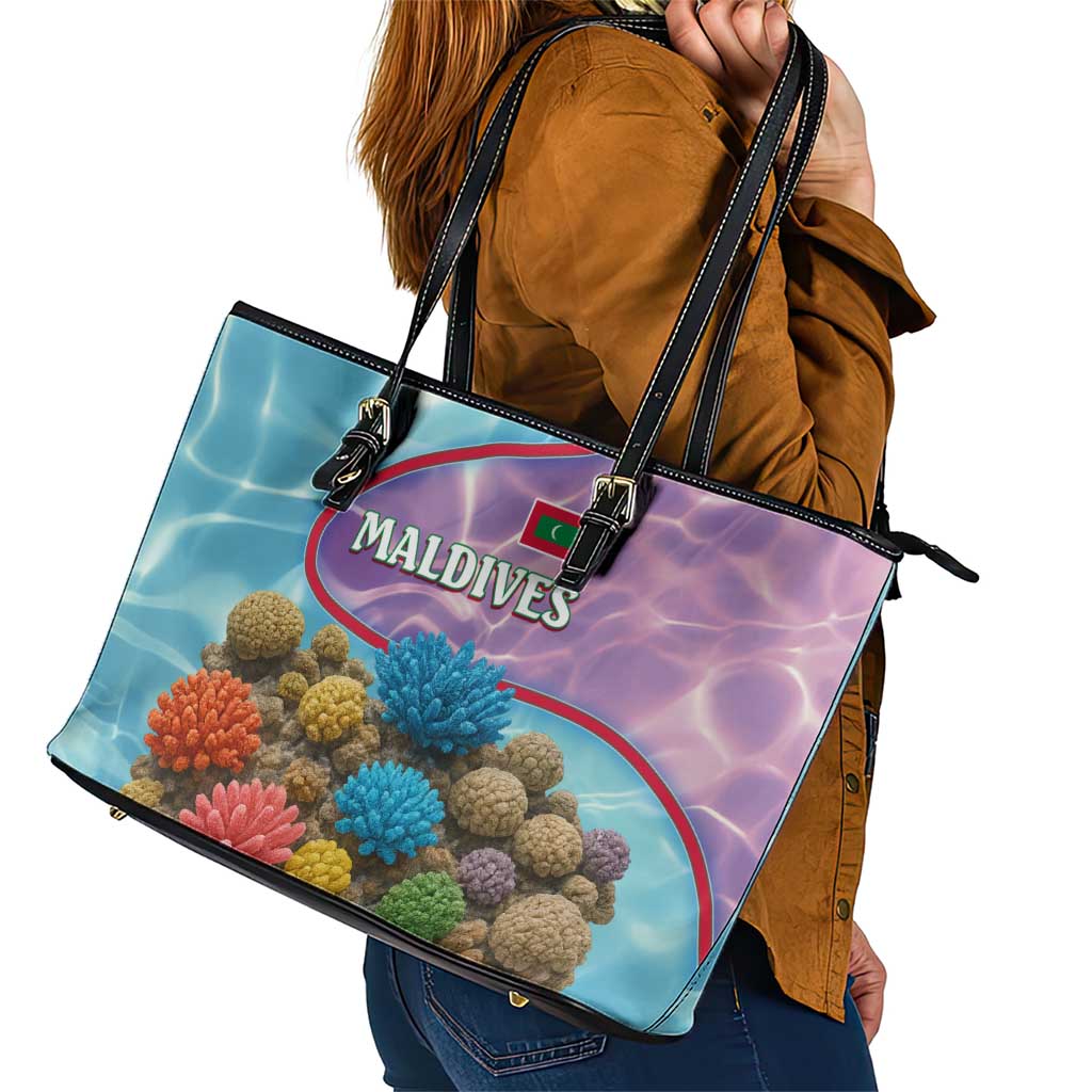 Maldives Coral Reef Ocean Print Leather Tote Bag with Underwater Pastel Blue and Purple Design