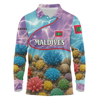 Maldives Coral Reef Ocean Print Long Sleeve Polo Shirt with Underwater Pastel Blue and Purple Design