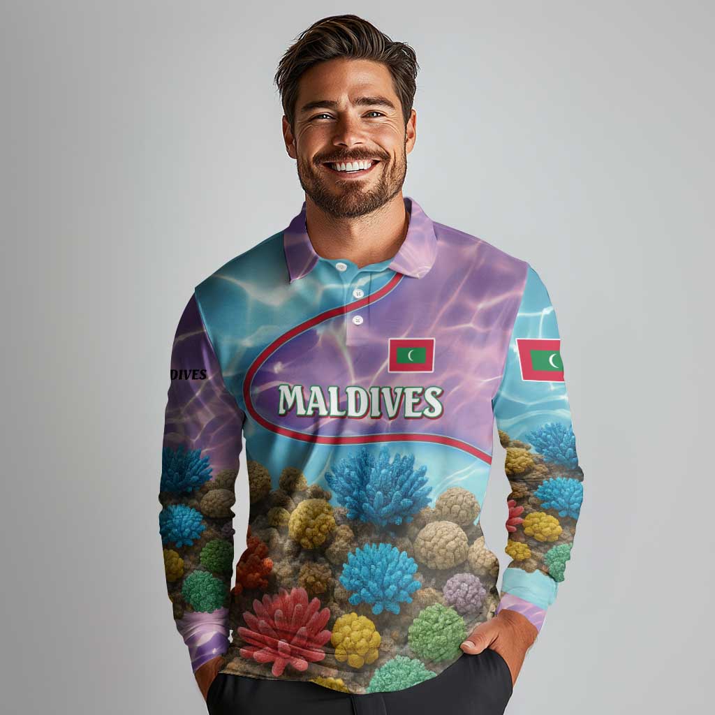 Maldives Coral Reef Ocean Print Long Sleeve Polo Shirt with Underwater Pastel Blue and Purple Design
