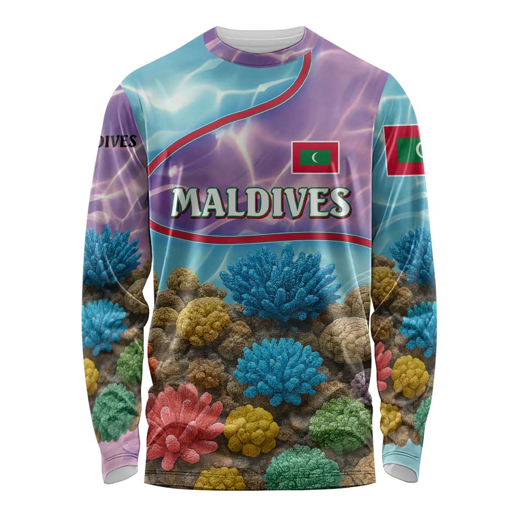 Maldives Coral Reef Ocean Print Long Sleeve Shirt with Underwater Pastel Blue and Purple Design