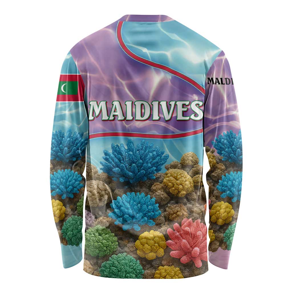 Maldives Coral Reef Ocean Print Long Sleeve Shirt with Underwater Pastel Blue and Purple Design