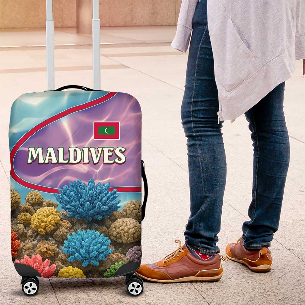 Maldives Coral Reef Ocean Print Luggage Cover with Underwater Pastel Blue and Purple Design