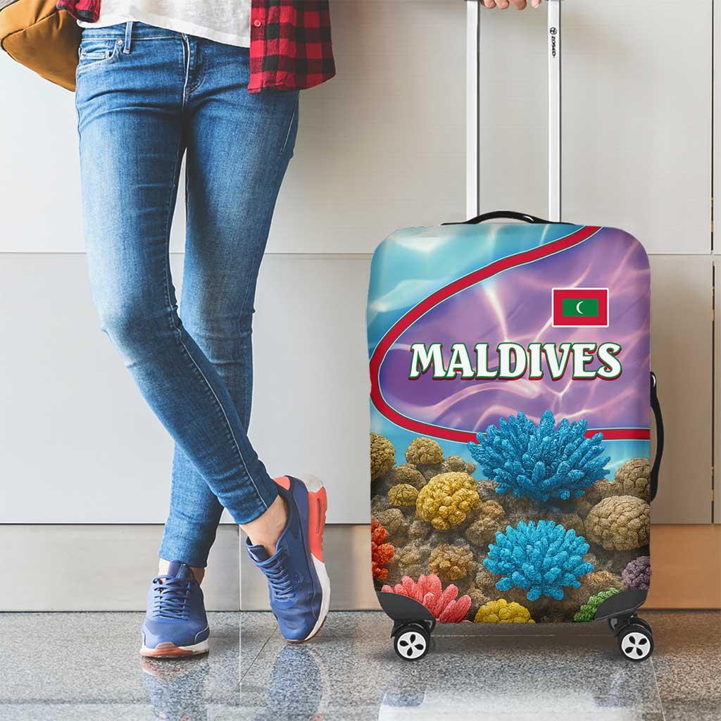 Maldives Coral Reef Ocean Print Luggage Cover with Underwater Pastel Blue and Purple Design