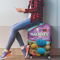 Maldives Coral Reef Ocean Print Luggage Cover with Underwater Pastel Blue and Purple Design