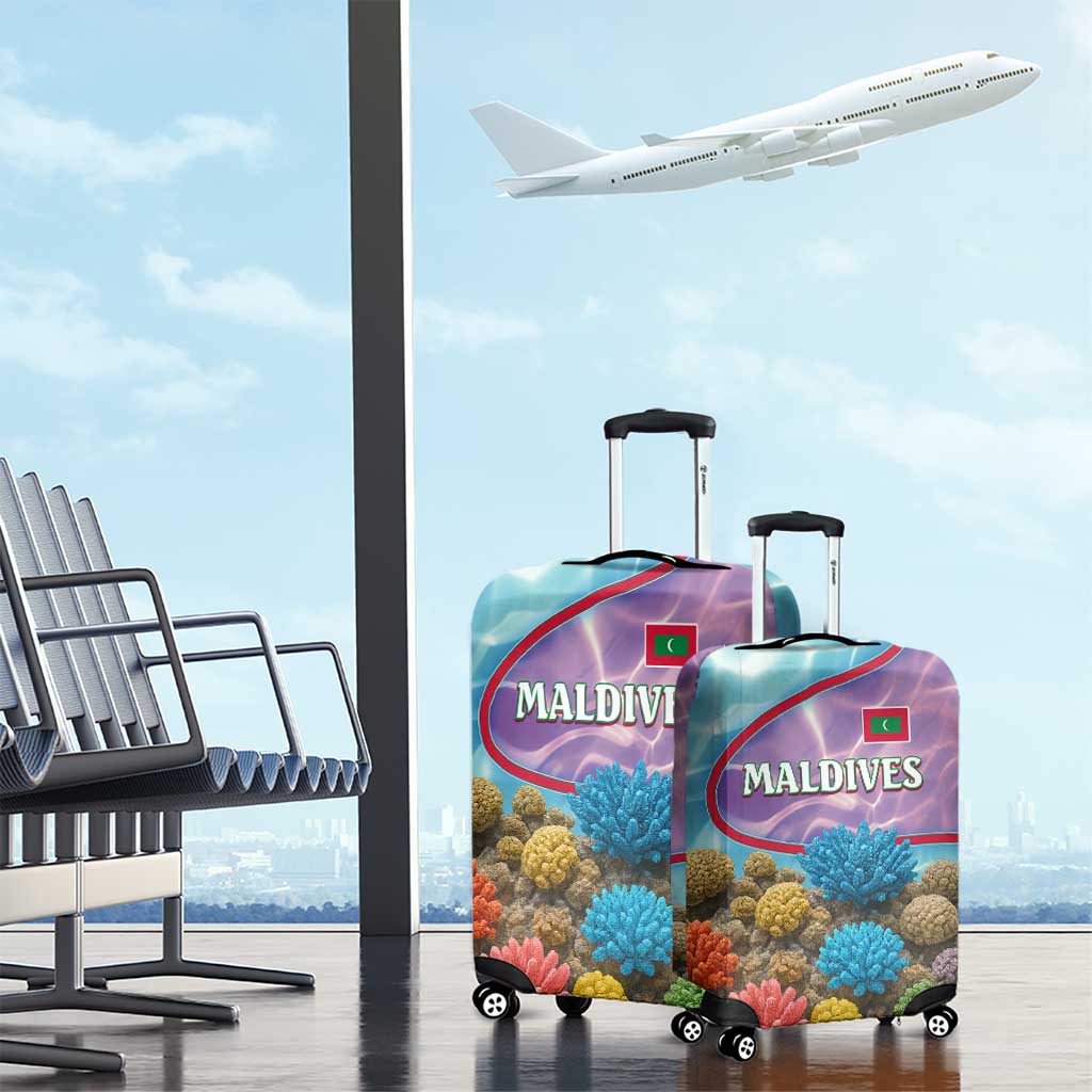 Maldives Coral Reef Ocean Print Luggage Cover with Underwater Pastel Blue and Purple Design