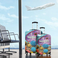 Maldives Coral Reef Ocean Print Luggage Cover with Underwater Pastel Blue and Purple Design