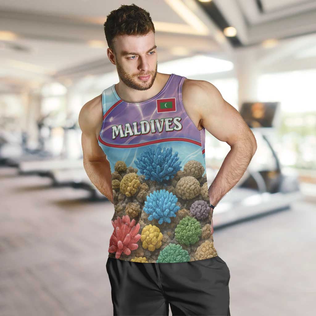 Maldives Coral Reef Ocean Print Men Tank Top with Underwater Pastel Blue and Purple Design