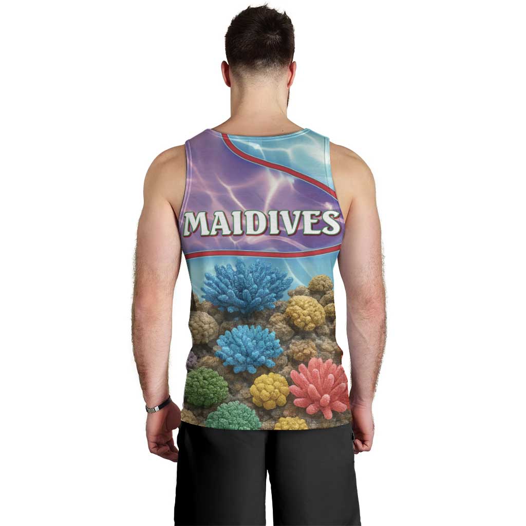 Maldives Coral Reef Ocean Print Men Tank Top with Underwater Pastel Blue and Purple Design