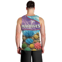 Maldives Coral Reef Ocean Print Men Tank Top with Underwater Pastel Blue and Purple Design