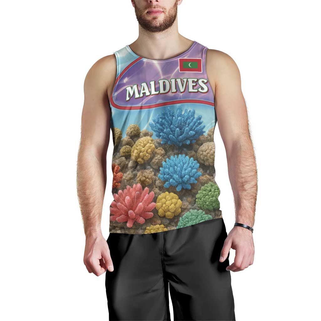 Maldives Coral Reef Ocean Print Men Tank Top with Underwater Pastel Blue and Purple Design