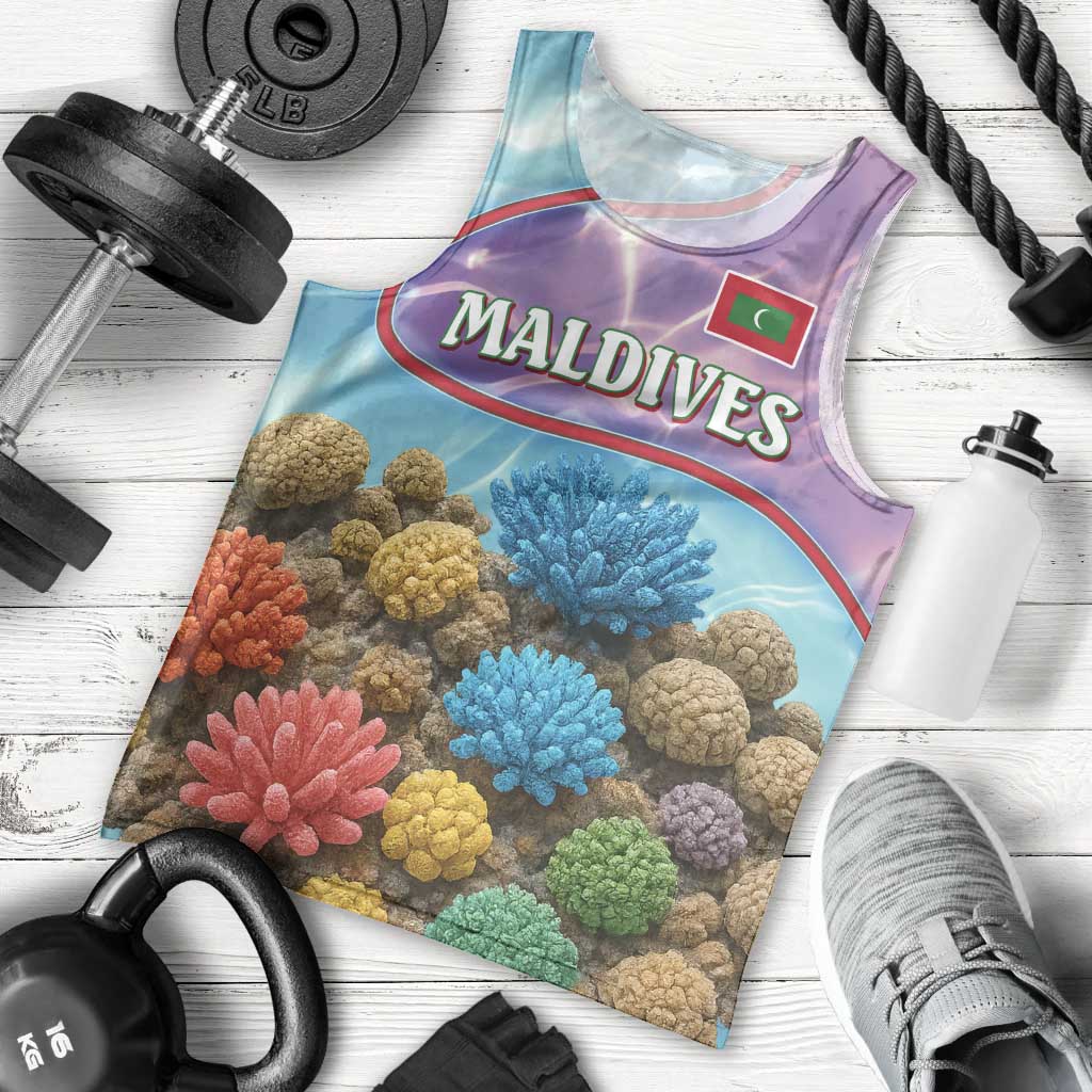 Maldives Coral Reef Ocean Print Men Tank Top with Underwater Pastel Blue and Purple Design