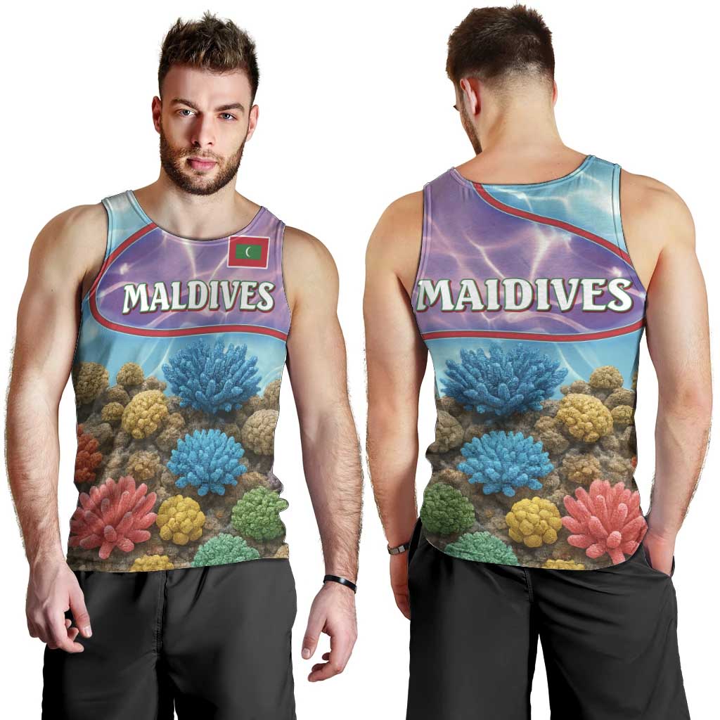 Maldives Coral Reef Ocean Print Men Tank Top with Underwater Pastel Blue and Purple Design