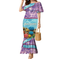 Maldives Coral Reef Ocean Print Mermaid Dress with Underwater Pastel Blue and Purple Design