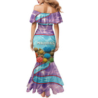 Maldives Coral Reef Ocean Print Mermaid Dress with Underwater Pastel Blue and Purple Design
