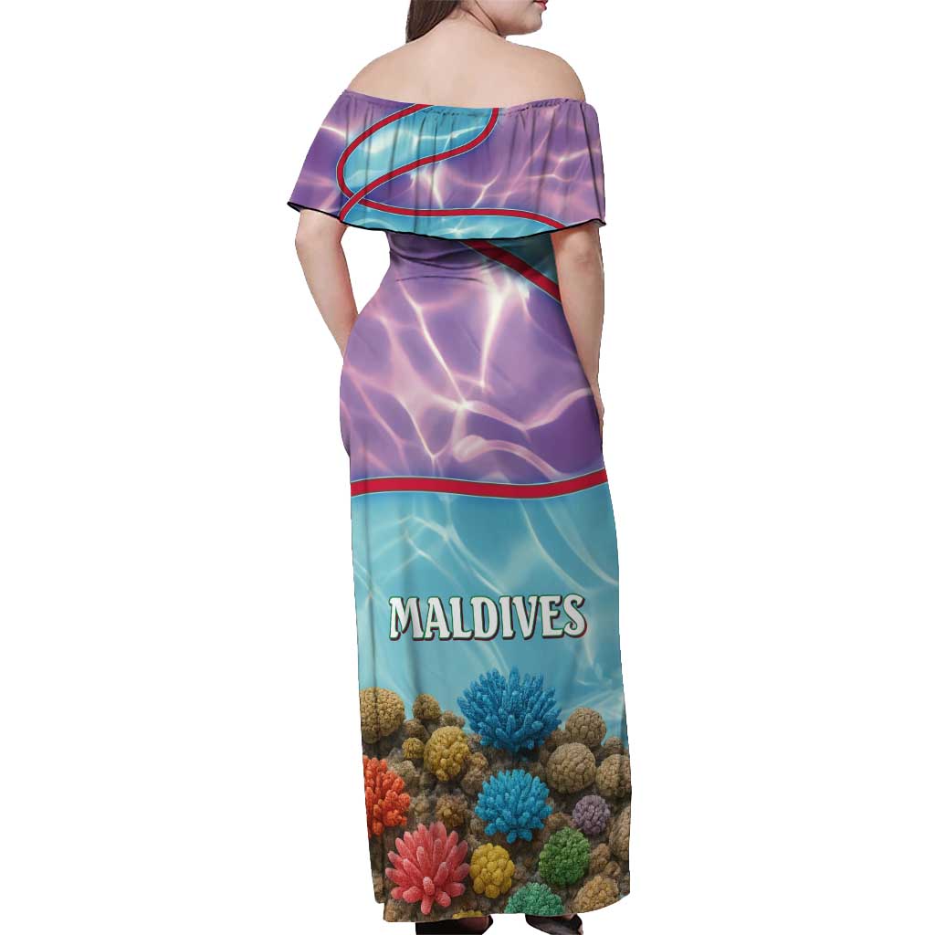Maldives Coral Reef Ocean Print Off Shoulder Maxi Dress with Underwater Pastel Blue and Purple Design