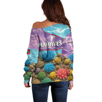 Maldives Coral Reef Ocean Print Off Shoulder Sweater with Underwater Pastel Blue and Purple Design