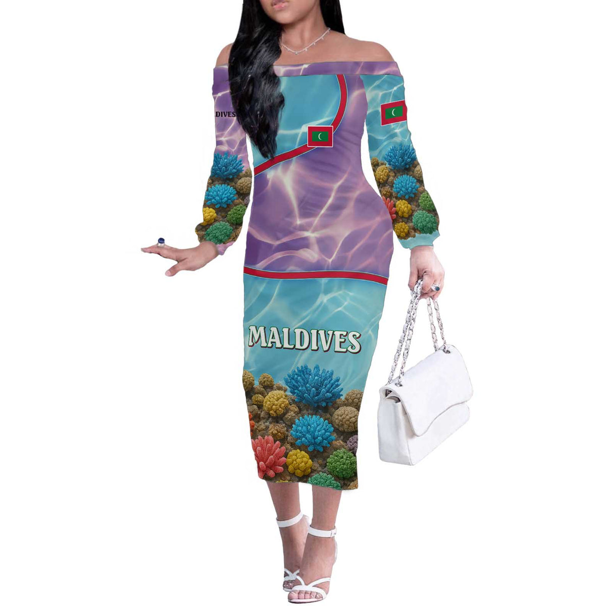Maldives Coral Reef Ocean Print Off The Shoulder Long Sleeve Dress with Underwater Pastel Blue and Purple Design