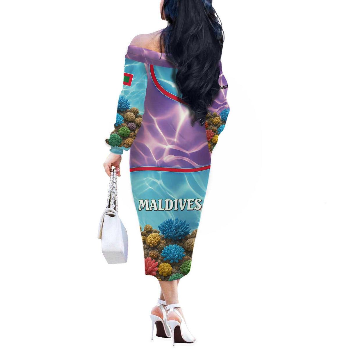 Maldives Coral Reef Ocean Print Off The Shoulder Long Sleeve Dress with Underwater Pastel Blue and Purple Design