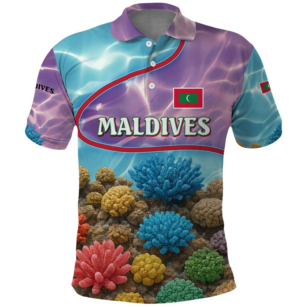 Maldives Coral Reef Ocean Print Polo Shirt with Underwater Pastel Blue and Purple Design