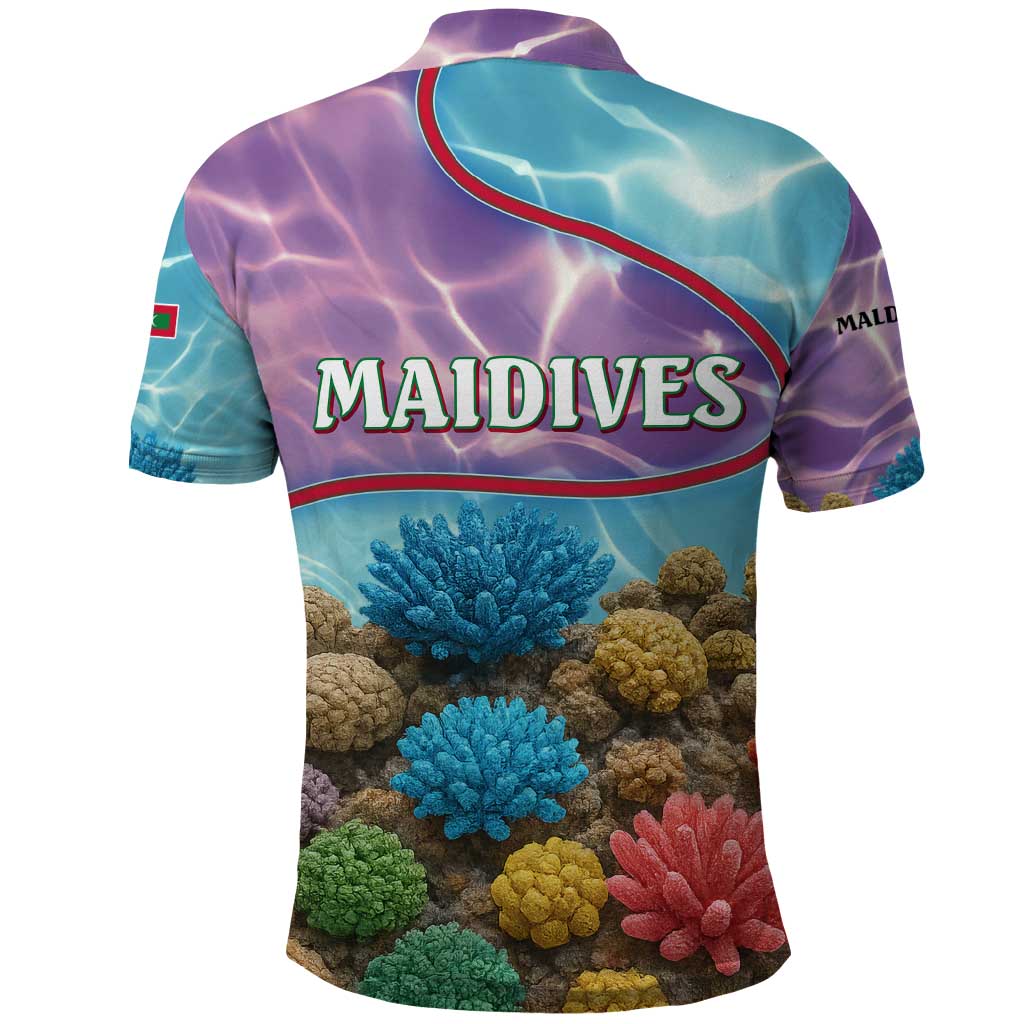 Maldives Coral Reef Ocean Print Polo Shirt with Underwater Pastel Blue and Purple Design