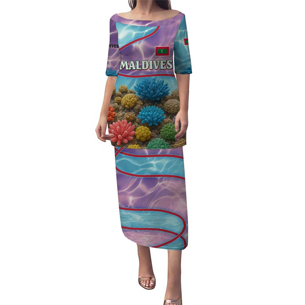 Maldives Coral Reef Ocean Print Puletasi with Underwater Pastel Blue and Purple Design
