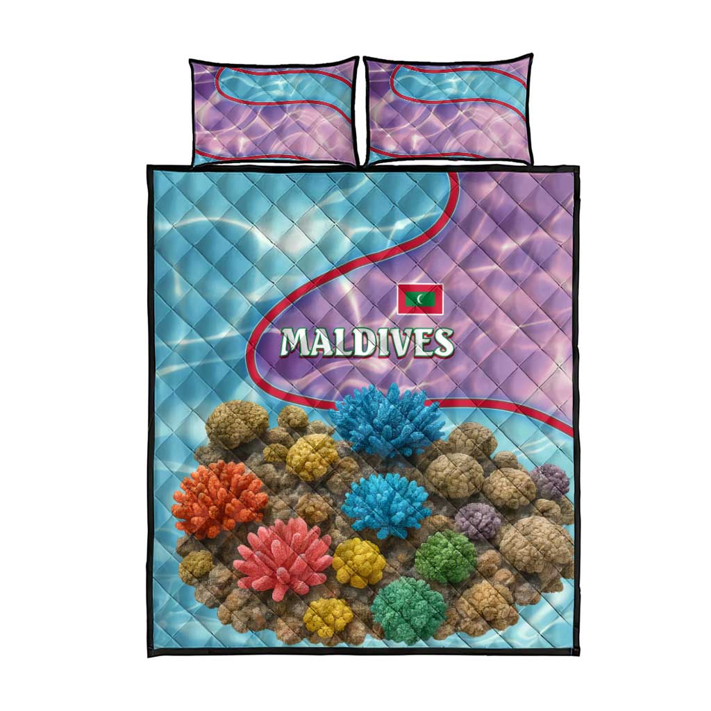 Maldives Coral Reef Ocean Print Quilt Bed Set with Underwater Pastel Blue and Purple Design