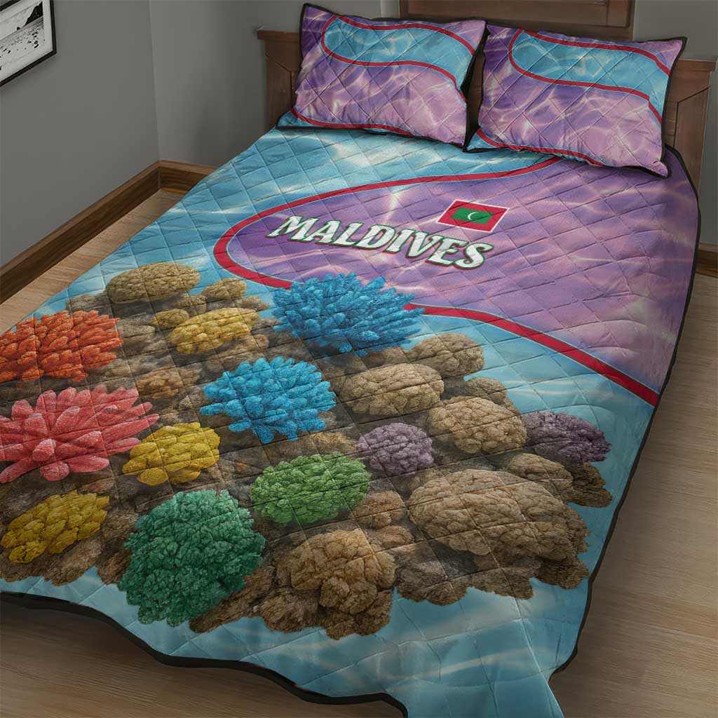 Maldives Coral Reef Ocean Print Quilt Bed Set with Underwater Pastel Blue and Purple Design