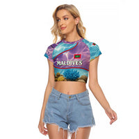 Maldives Coral Reef Ocean Print Raglan Cropped T Shirt with Underwater Pastel Blue and Purple Design