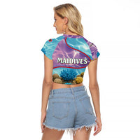 Maldives Coral Reef Ocean Print Raglan Cropped T Shirt with Underwater Pastel Blue and Purple Design