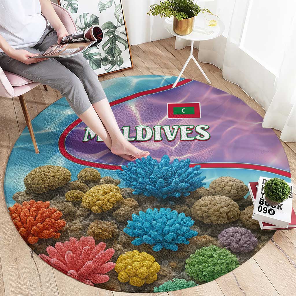 Maldives Coral Reef Ocean Print Round Carpet with Underwater Pastel Blue and Purple Design