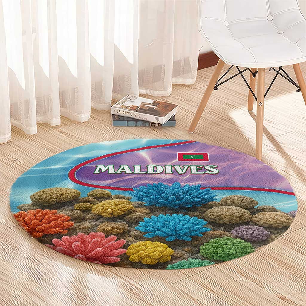 Maldives Coral Reef Ocean Print Round Carpet with Underwater Pastel Blue and Purple Design