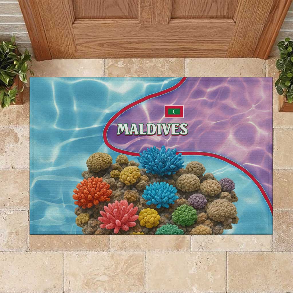 Maldives Coral Reef Ocean Print Rubber Doormat with Underwater Pastel Blue and Purple Design