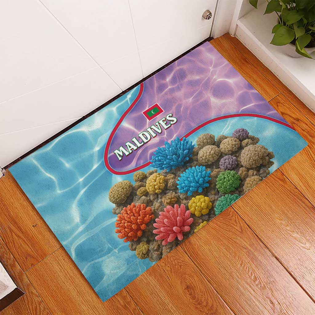 Maldives Coral Reef Ocean Print Rubber Doormat with Underwater Pastel Blue and Purple Design