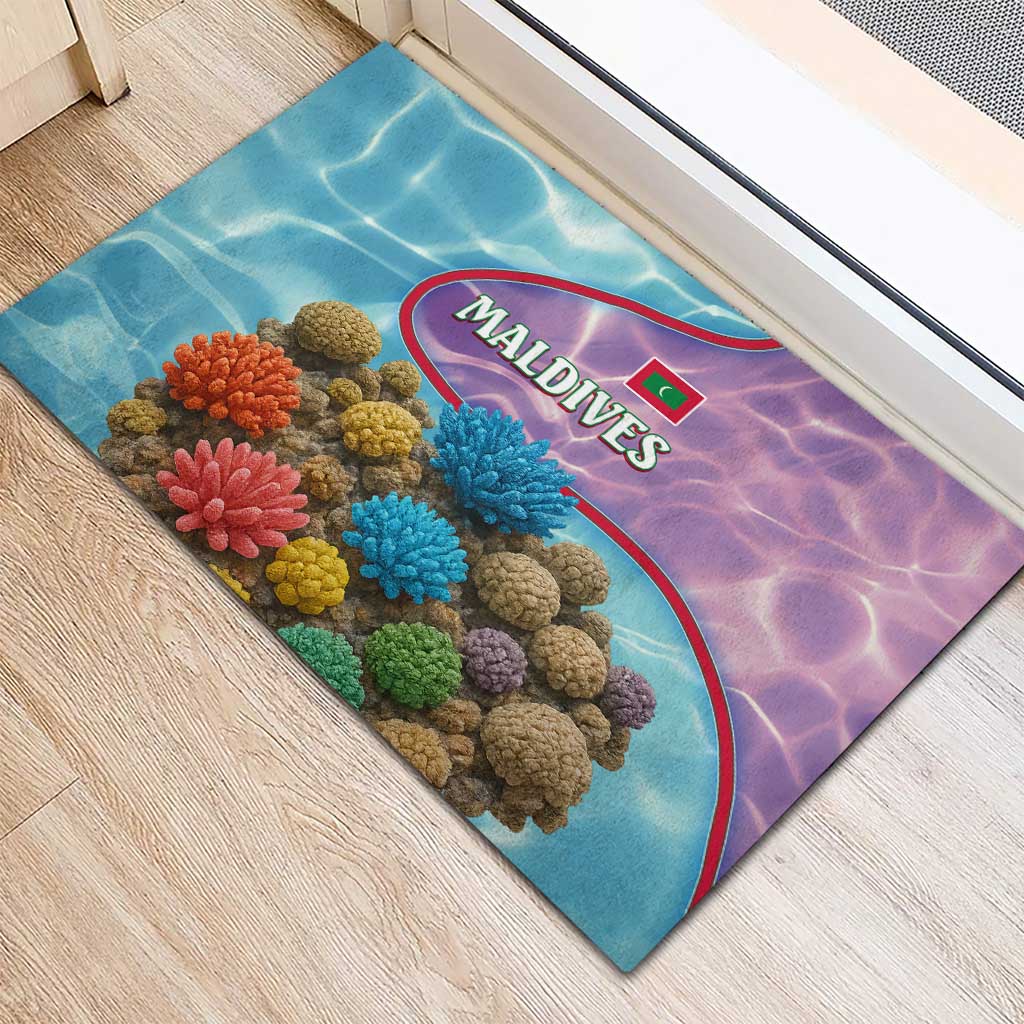 Maldives Coral Reef Ocean Print Rubber Doormat with Underwater Pastel Blue and Purple Design