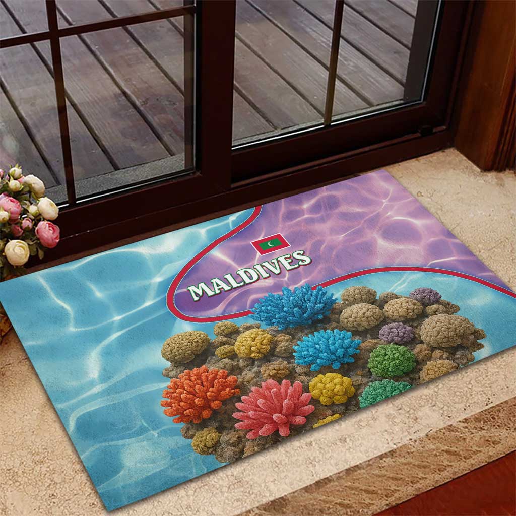 Maldives Coral Reef Ocean Print Rubber Doormat with Underwater Pastel Blue and Purple Design