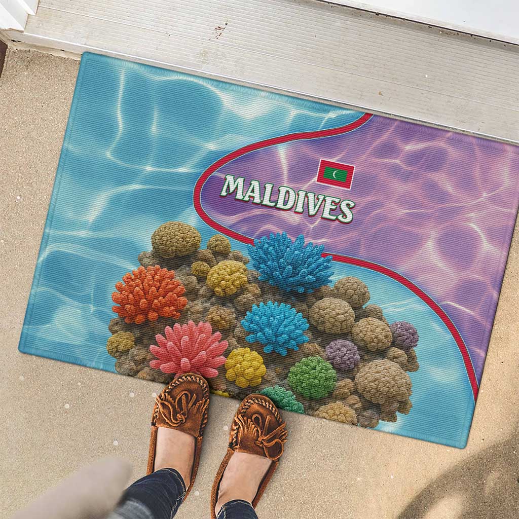 Maldives Coral Reef Ocean Print Rubber Doormat with Underwater Pastel Blue and Purple Design