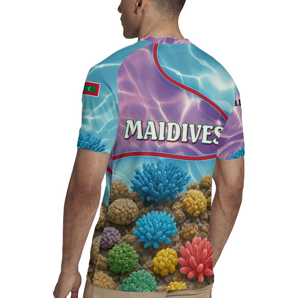 Maldives Coral Reef Ocean Print Rugby Jersey with Underwater Pastel Blue and Purple Design