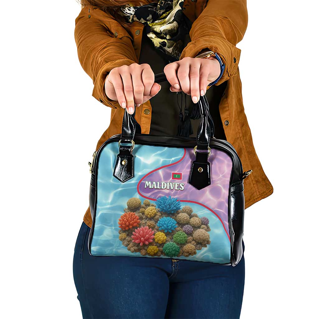 Maldives Coral Reef Ocean Print Shoulder Handbag with Underwater Pastel Blue and Purple Design